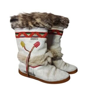 Vintage Tecnica Boots Womens Size 10 White Fur Beaded Snow Winter Italy 80s